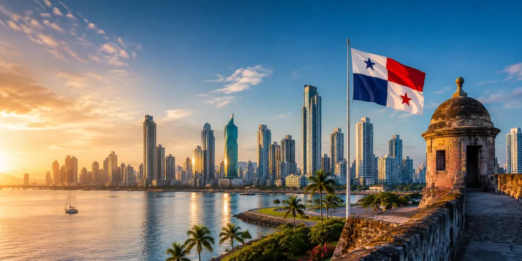 Panama Flag and Casco Viejo with Skyline